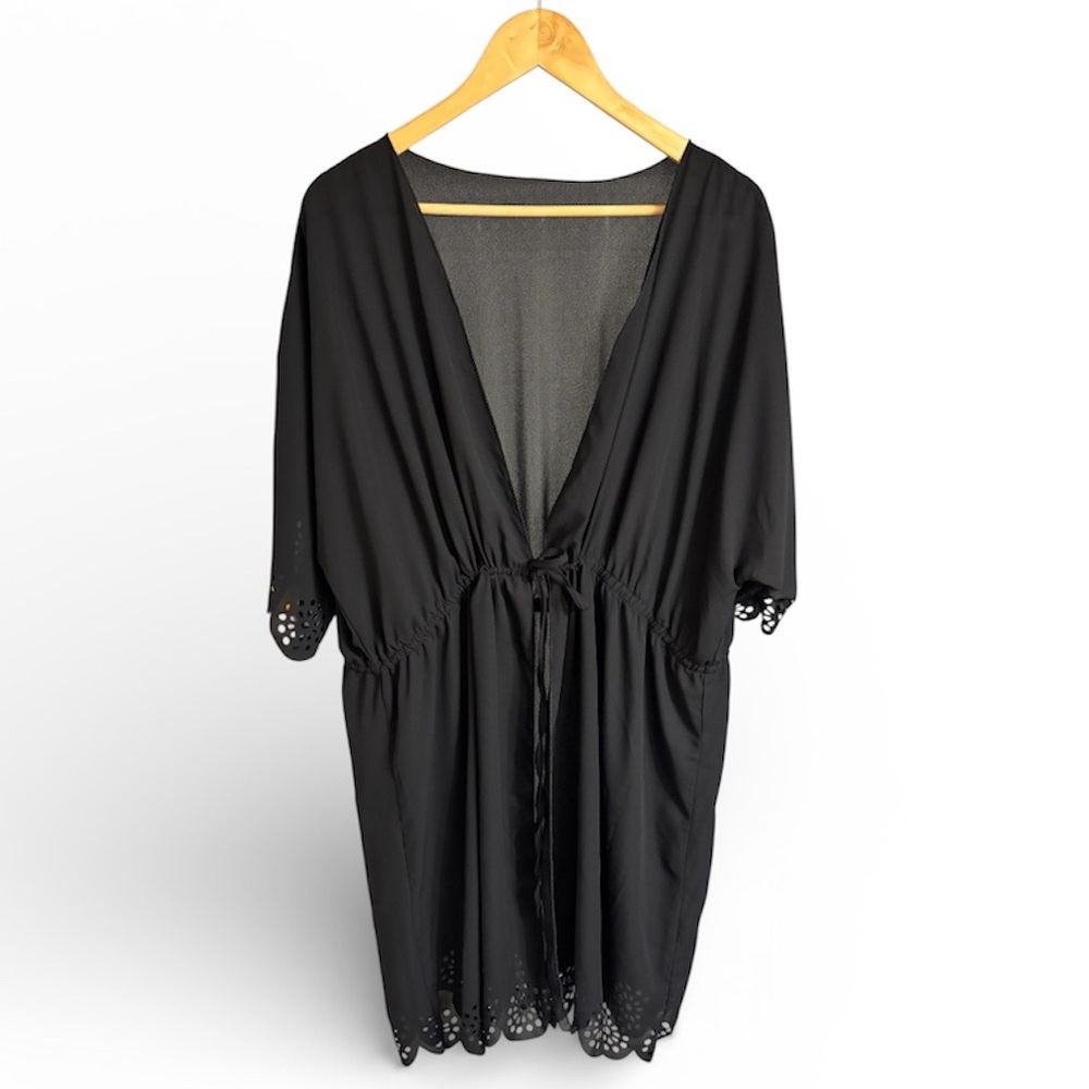 Black Eyelet trim Kimono Style Cover-Up - Picture 2 of 5